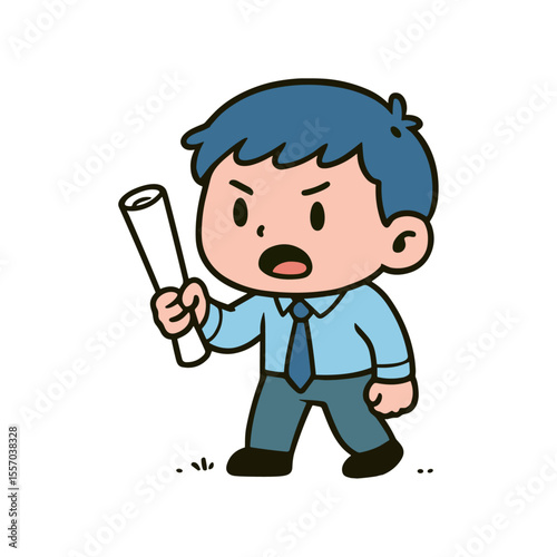 Illustration of an angry cartoon businessman walking with a frown, shouting, and holding a piece of paper.