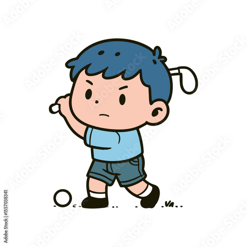 A cartoon boy with blue hair and golf attire is swinging a club at a golf ball.