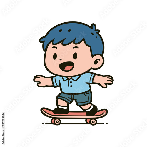 A cute cartoon of a young boy skating with a wide smile, perfect for children's illustrations and recreational themes