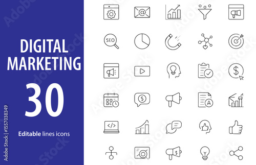 Digital Marketing Line Icons, SEO, Email Campaign, Social Media, Analytics, Ad Targeting, Website Optimization, and More , Editable Formats: AI, EPS, JPG, PNG , Ideal for Both Digital and Print Use