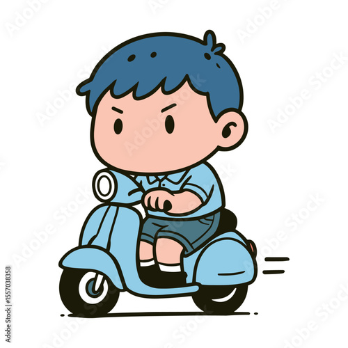 A charming cartoon image portrays a cute boy riding a light blue scooter with a determined expression
