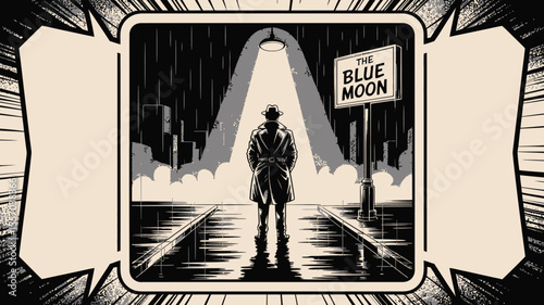 Man standing in rain looking at the blue moon sign in black and white style