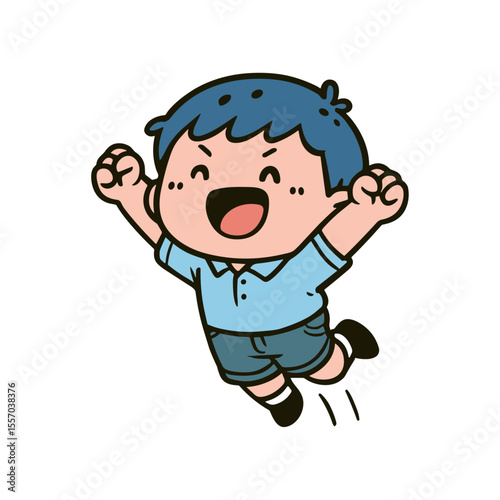 Cheerful Cartoon Boy Jumping for Joy Illustration with blue hair and a light blue shirt leaps enthusiastically, fists clenched in excitement.