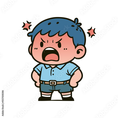 Cute cartoon illustration of an angry boy yelling with clenched fists and steam coming from his head, evoking intense emotions.