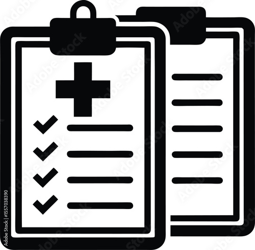 Medical Checklist and Patient Record Icon Health Assessment and Documentation Illustrating Healthcare Forms and Patient Information Management in a Simple Black and White Style