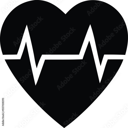 Black Heart Shape with White Heartbeat Line Symbolizing Health Love and Vitality in a Simple Modern Design for Medical Wellness or Romantic Themes