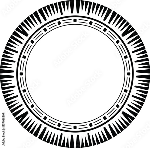 Circular emblem with tribal pattern and text ancestral echoes on light gray