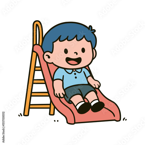 A cute cartoon boy is having fun sliding down a red slide at a playground, enjoying the summer day