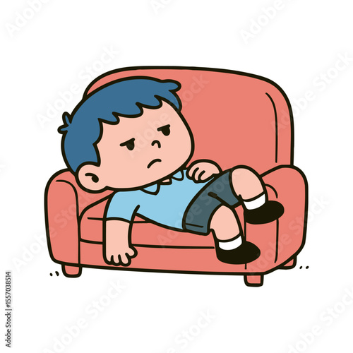 A cute cartoon illustration features a boy with blue hair looking bored as he lays on a coral colored couch
