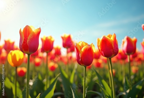 vibrant tulip field under clear blue sky bright blossoms nature scenic landscape flower garden blooming, rainbow, lgbtq, lgbt, pride, colorful, love
