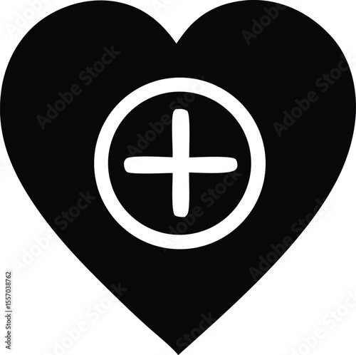 Black Heart with White Plus Sign in Circle Symbolizing Health Love and Addition on a White Background Simple and Clean Design Vector Illustration