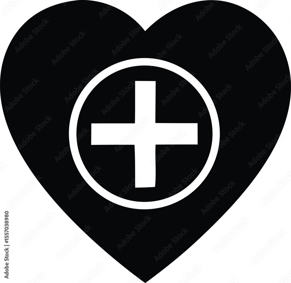 Black Heart with White Medical Cross Symbol Inside a Circle Representing Healthcare Love and Support in a Simple Modern Design black heart contains Black Heart with White Medical Cross Symbol Inside a Circle Representing Healthcare Love and Support in a Simple Modern Design black heart contains
