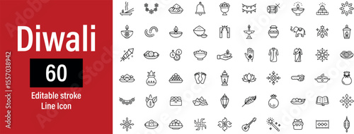 Collection of Diwali festival line icons representing traditions culture celebration and auspicious symbols isolated on transparent background 