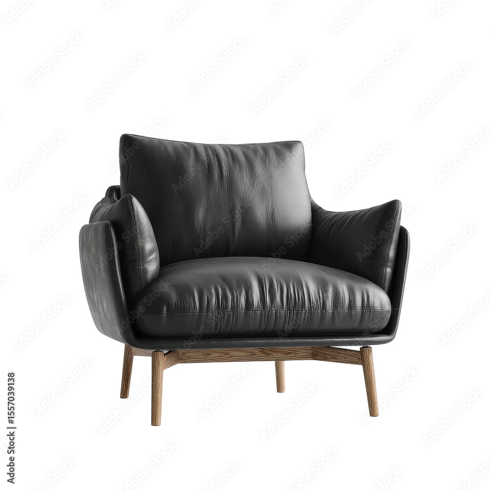 Fototapeta premium Modern Stylish Armchair with Soft Leather Upholstery and Elegant Wooden Legs Ideal for Contemporary Living Rooms and Cozy Reading Nooks
