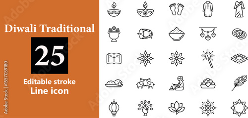 Collection of Diwali traditional line art icons representing cultural symbols and celebrations isolated on transparent background 