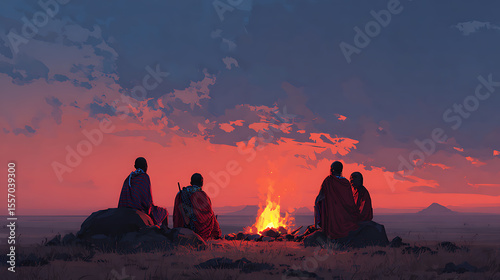 Maasai tribe gathering around campfire at sunset in africa landscape travel and culture art piece