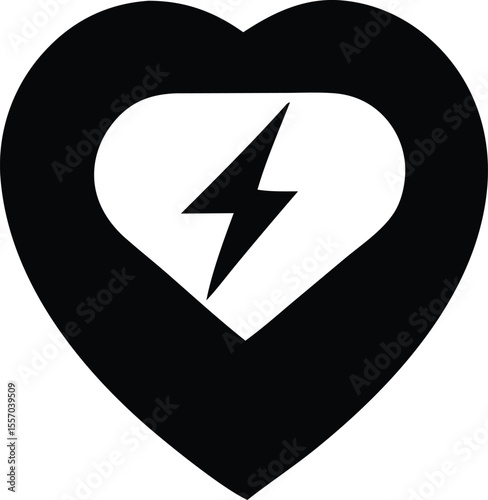 Black Heart Shape with White Heart Inside and a Black Lightning Bolt Symbolizing Energy Vitality and Power within the Heart a Heartbeat black