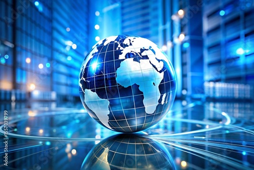 A sleek metallic globe sits on a reflective surface in a modern data center