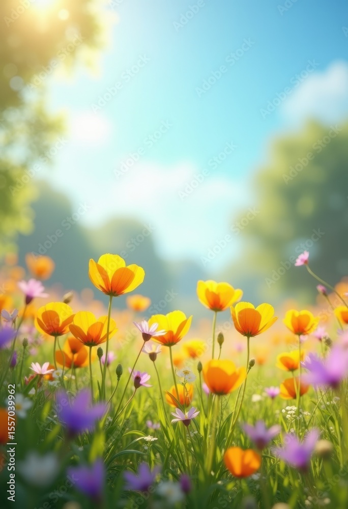 Obraz premium vibrant wildflowers blooming colorful sunlit meadow scenery bright nature flora spring landscape, sunlight, pollen, petal, blossom, green, field, tulip