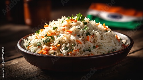 A vibrant bowl of Tricolour Indian fried rice paying homage to the nation s flag celebrates Indian cuisine on rustic