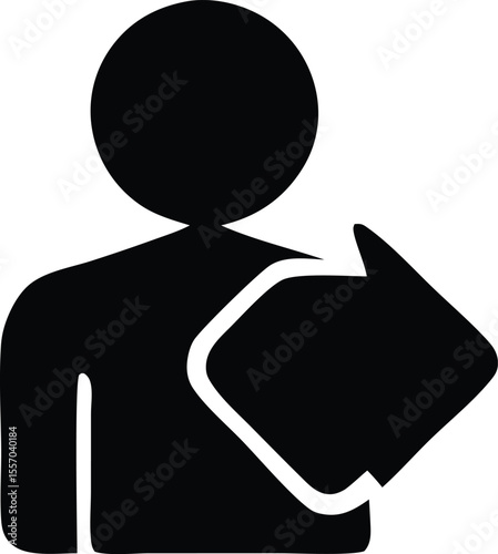 Stylized Black Silhouette of a Person with a Circular Head and an Arrow Pointing to Themselves Indicating Self Reflection or Self Referral Concept