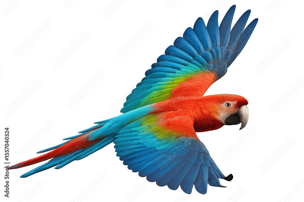 Fototapeta premium Scarlet macaw soaring with vivid feathers, capturing tropical rainforest freedom and wild avian grace