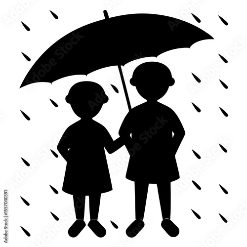 Two children silhouettes sharing an umbrella in the rain