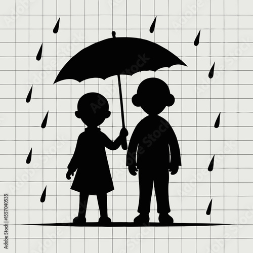 Two silhouettes sharing an umbrella under falling raindrops on a grid background