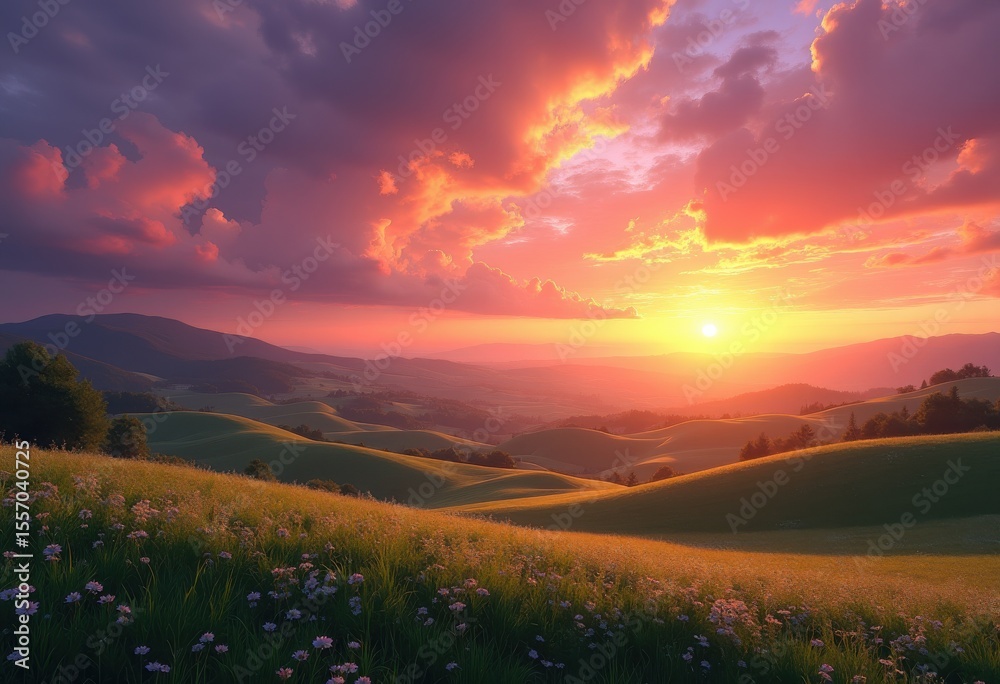 Obraz premium visually striking sunset over rolling hills vibrant sky colors aesthetic landscape, nature, clouds, scene, scenic, view, terrain, gradient, evening, dusk
