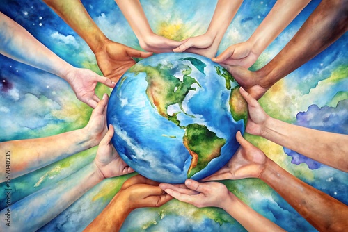 Many diverse hands gently cradle a vibrant watercolor globe against a backdrop of a bright sky and fluffy clouds
