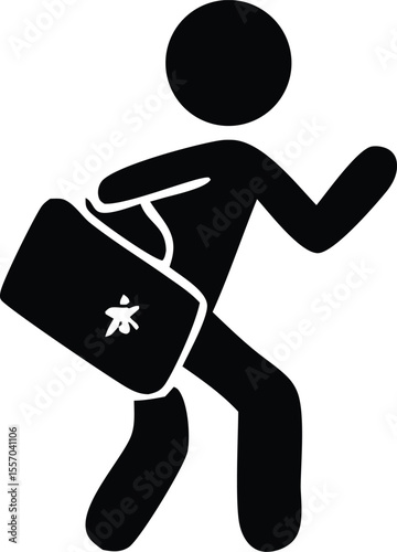 Silhouette of a Person Running with a Damaged Bag simple pictogram depicting person hurrying damaged briefcase running person silhouette bag briefcase damaged broken