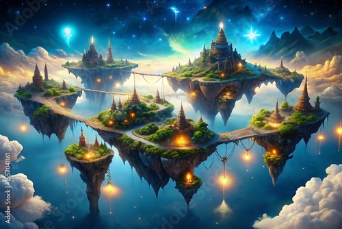 A breathtaking digital painting depicts a fantasy world of floating islands with majestic castles and glowing lights under a starry sky