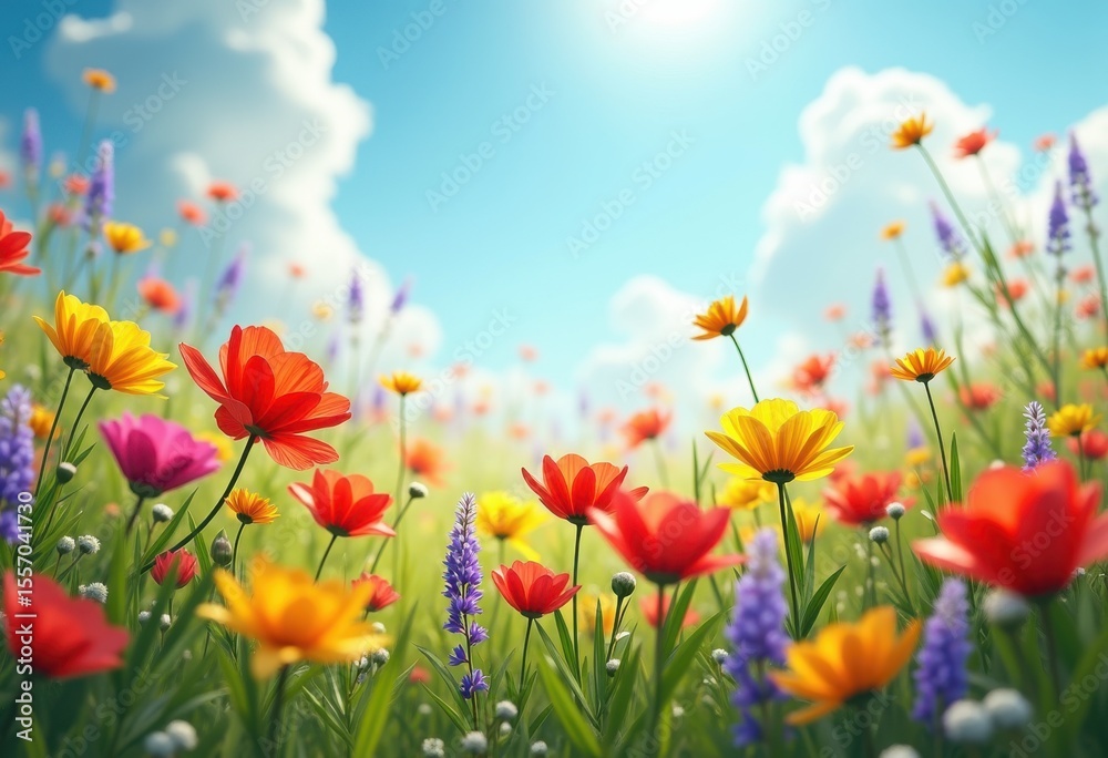 Obraz premium vivid wildflower meadow blue sky nature landscape colorful blossoms springtime serenity blooms flora, petal, landform, vibrant, summer, botany, grass