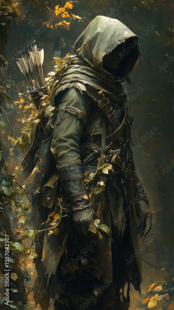 Fototapeta premium Warrior with bow and arrows in hooded attire inside a dense forest setting