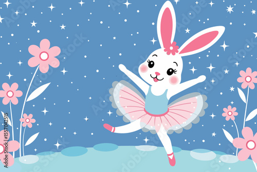 Ballerina Bunny Illustration-Cute Rabbit Dancer-Stars and Flowers Background-Whimsical Childrens Art-Adorable Animal Ballet-Pink and Blue Pastel Colors