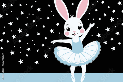 Bunny Ballerina Dancing Under the Stars-Cute Rabbit in a Tutu Performing Ballet-Charming Cartoon Illustration for Kids and Dance Lovers-Adorable Animal Dancer