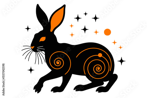 Celestial Rabbit Illustration- Black Rabbit with Orange Accents- Stars and Spirals- Whimsical Animal Art- Modern Graphic Design- Mystical Hare Image