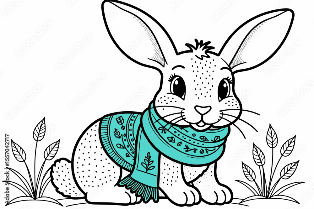 Obraz premium Cute Bunny Coloring Page-Winter Scarf Rabbit Illustration-Printable Animal Art-Relaxing Activity for Kids-Adorable Bunny with Detailed Scarf Design