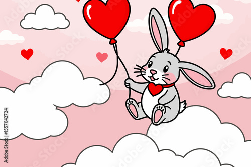 Cute Bunny Flying with Heart Balloons-Valentine's Day Celebration-Adorable Animal Cartoon-Pink Sky Background-Perfect for Cards-Romantic Design-Love is in the Air