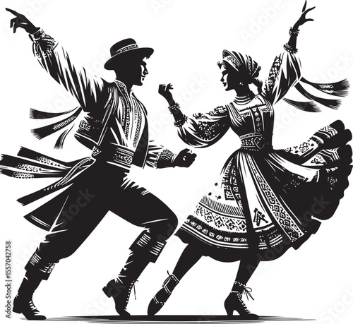 A silhouette portrays two individuals passionately performing a traditional dance in folkloric attire. This artistic depiction celebrates culture, harmony, 
