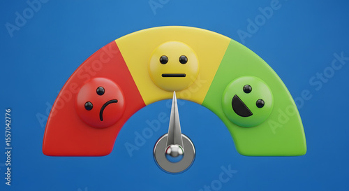 Colorful gauge with smiley faces, red sad to green happy, needle pointing to neutral, representing customer satisfaction levels.