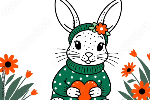 Cute Bunny with Heart-Spring Flowers-Adorable Rabbit in Green Sweater-Valentine's Day Illustration-Lovely Animal Art for Kids-Whimsical Design for Easter-Bunny Love