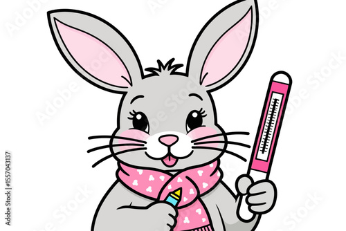 Cute Bunny with Thermometer- Sick Rabbit Cartoon Illustration- Get Well Soon Card Design- Adorable Animal Character for Healthcare and Education