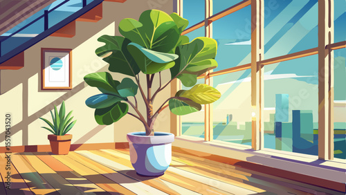 Tall fiddle leaf fig tree in white planter, near sunny balcony, light reflections on leaves, textured walls, wooden floor, apartment living room, calm indoor greenery with natural charm.

