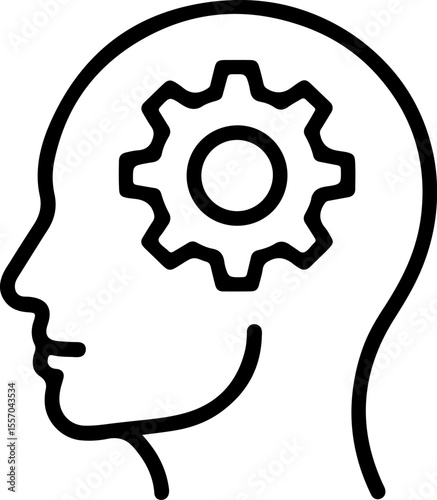 Stylized head profile with a gear inside representing thought process and mechanics