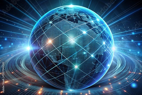 A glowing digital globe displays a complex network of connections representing global communication