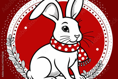 Cute Cartoon Rabbit Illustration-Festive Red and White Design-Perfect for Holiday Greetings-Charming Animal Art for Kids and Adults Alike-Whimsical Rabbit with Scarf