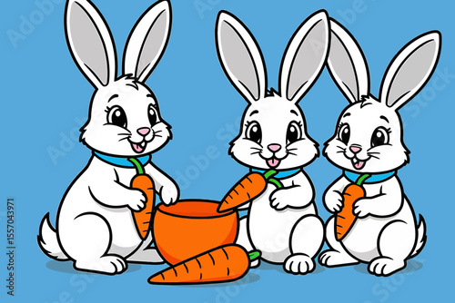 Cute Cartoon Rabbits with Carrots-Adorable Bunny Illustration for Kids-Easter Theme with Happy Rabbits and a Bowl of Carrots-Perfect for Children's Books and Prints