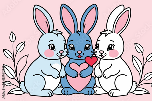 Cute Cartoon Rabbits with Hearts- Whimsical Bunny Illustration for Kids- Adorable Animal Art for Nursery Decor- Charming Easter Bunnies Clipart