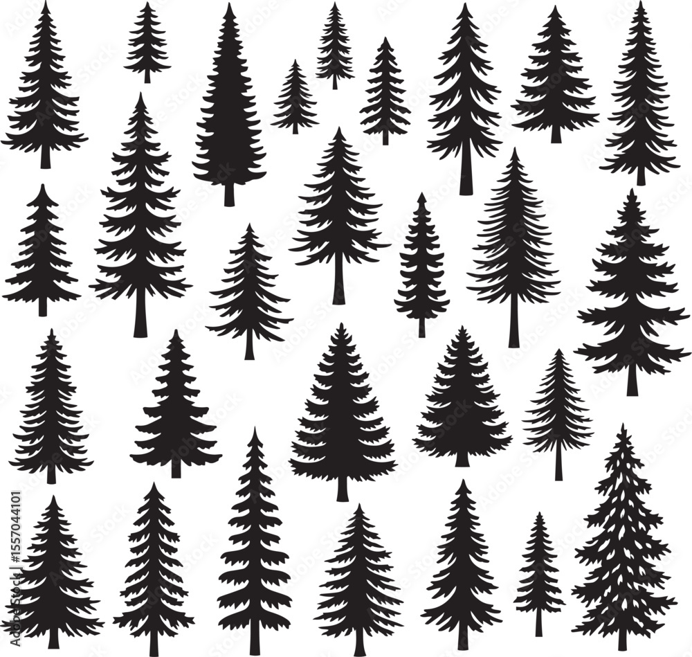 Obraz premium Black Silhouette Pine Tree and Evergreen Forest Collection